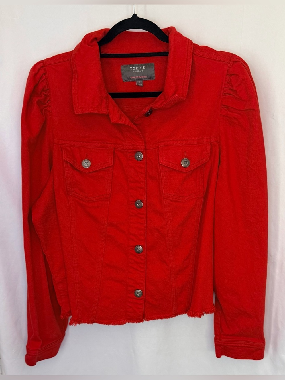 torrid Bright Red Button-Front Jean Jacket with Puff Shoulders size 3